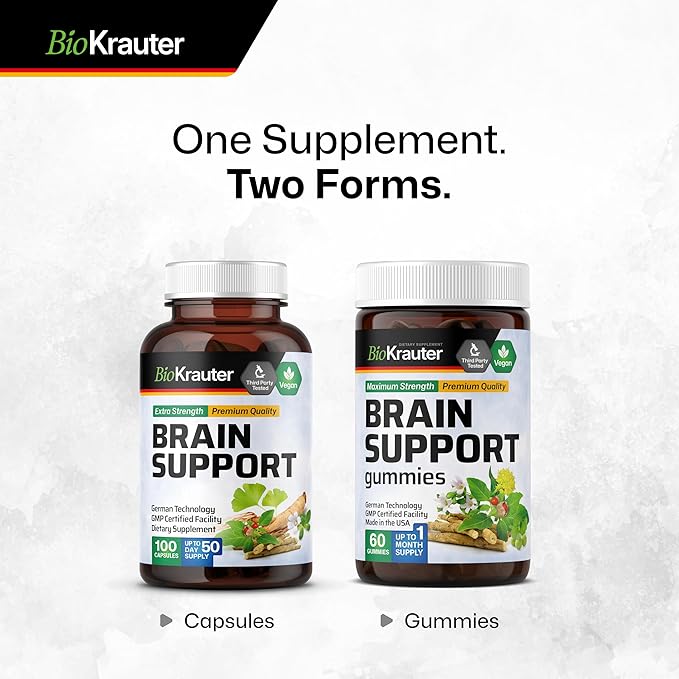 BIO KRAUTER Brain Support Gummies - 60 Vegan Chews - Natural Brain Supplement - Ashwagandha, Ginkgo Biloba, Bacopa, DMAE, and Vitamins for Cognitive Support