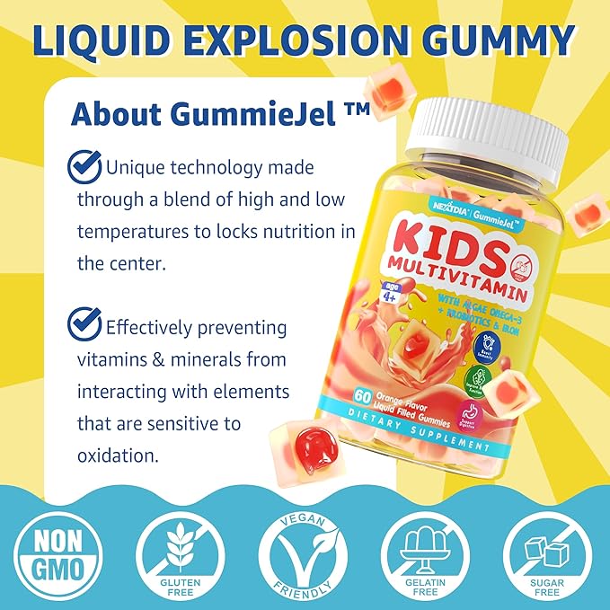 Sugar Free Kids Multivitamin Gummies with Iron, Probiotics, Vegan Omega 3 (EPA/DHA), Kids Daily Vitamins A, C, D, B Complex, Zinc for Healthy Growth, Immune, Brain, Bone, Orange Flavor, 60 Counts
