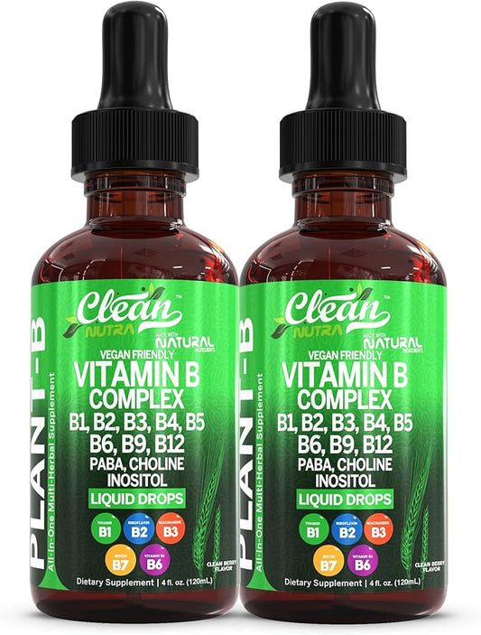 Vitamin B Complex Liquid Drops | Thiamine B1, B6, B2, B3, B4, B5, B7 B9, B12, Niacinamide, Paba, Choline Inositol Taurine Probiotics Beet Root Spirulina - Plant-B Vitamin Supplements - Clean Nutra (2)