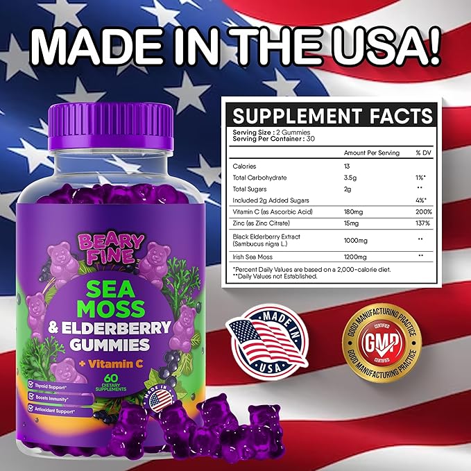 Sea Moss Gummies & Elderberry - Vitamin C + Zinc – Extra Strength Immune & Thyroid Support Booster Gummy Bears for Kids & Adults - 60 Seamoss Gummies - Made in The USA