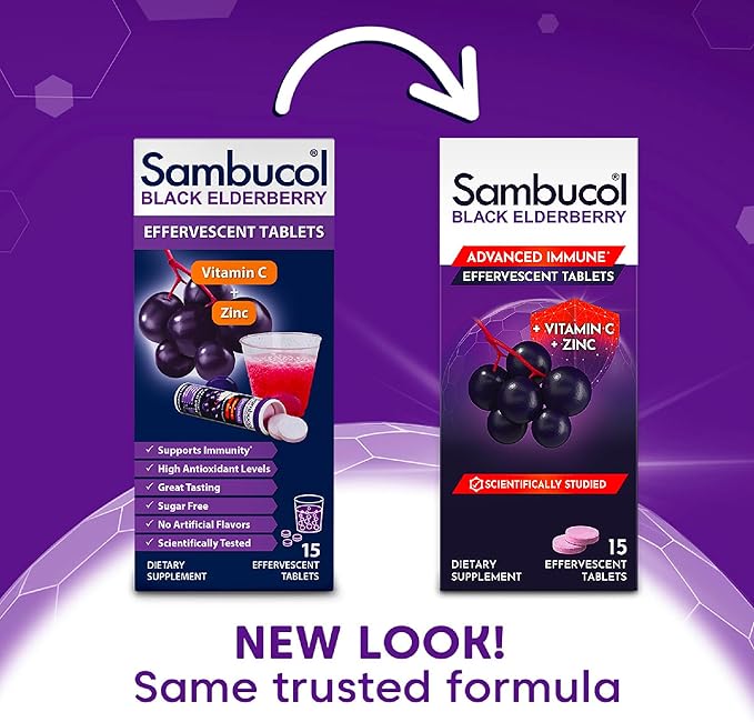 Sambucol Black Elderberry Tablets with Vitamin C & Zinc - Immune Support Supplement, Black Elderberry with Zinc and Vitamin C, High Antioxidants, Drink Fizzies - 15 Tablets