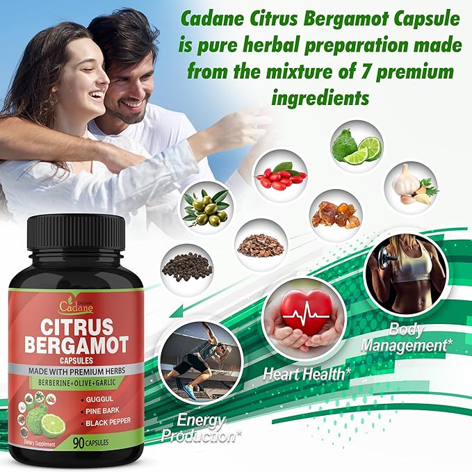 Organic Cadane Citrus Bergamot Supplement Extract Capsules, 90 Capsules & Berberine, Olive, Guggul, Garlic, Pine Bark, Black Pepper | Supports Overall Health, Immune System | 3 Months Supply