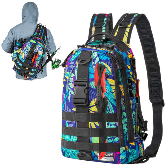Ghosthorn Fishing Tackle Backpack Storage Bag - Fishing Backpack with Rod Holder Shoulder Bag - Fishing Gift Tackle Box Bag Women Large Blue Leaf