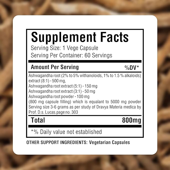 Ashwagandha Capsules Withania Somnifera Withannolides 5% & Alkaloids 1.5% Boost Energy and Performance 60 Vege Capsules 800 Mg Each