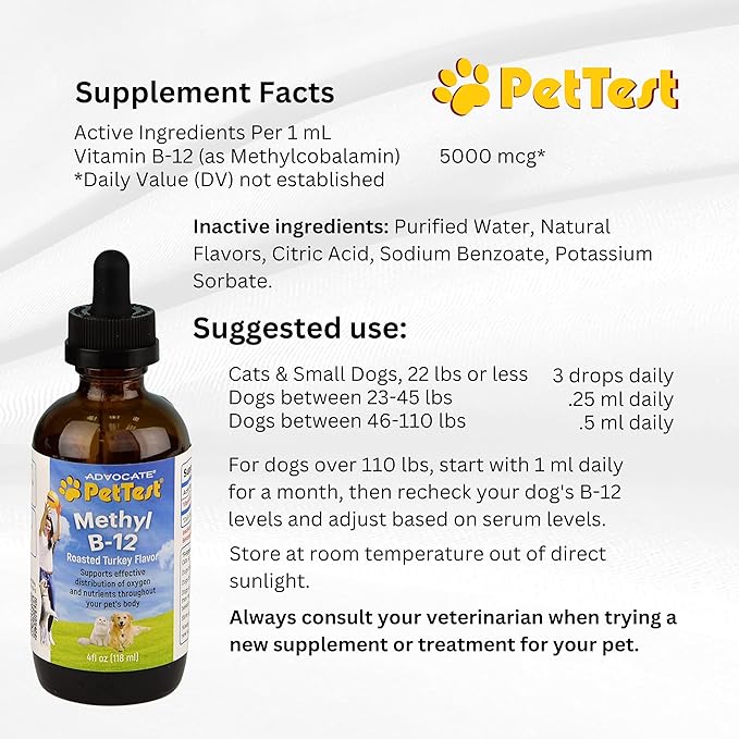 PetTest Methyl B12 Vitamin Liquid Drops 4fl oz (5000 MCG) Supplement with Methylcobalamin for Diabetic Pets, Maximum Absorption to Increase Energy for Dogs and Cats