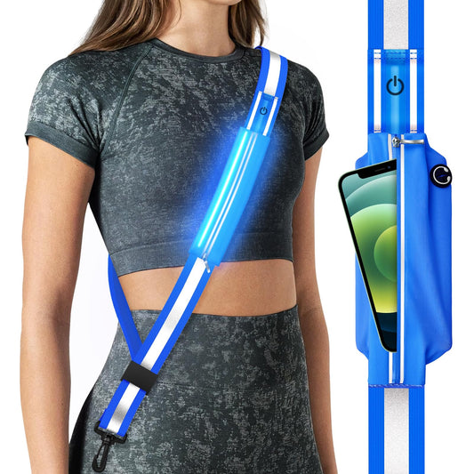 Fokia Kunbio LED Reflective Belt Sash for Walking at Night, Night Running Safety Gear High Visibility Rechargeable LED Light Up Running Belt for Runners Walkers Men Women (Bule)