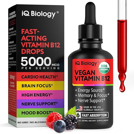Vegan Vitamin B12 - Vit B 12 Liquid Drops Sublingual 5000mcg - USDA Organic Methyl B-12 for Men and Women - Methylcobalamin Energy Supplement for Immunity, Metabolism & Health Support - Made in USA