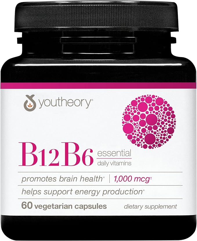 Youtheory B12B6 - Vegan Vitamin B6 & Vitamin B12 - Offers Brain Health, Energy & Immunity Support* - Dairy, Soy & Gluten Free - 60 Vegetarian Capsules
