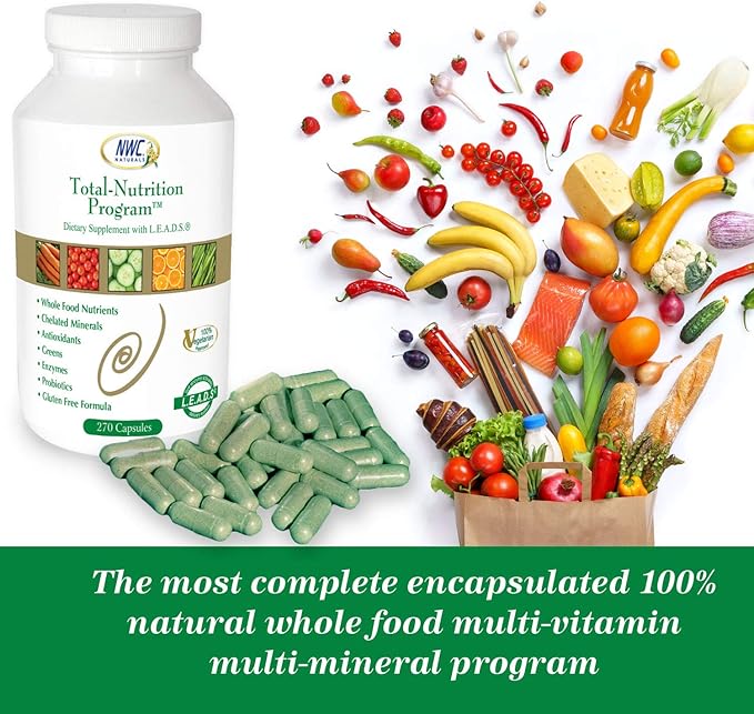 NWC Naturals Total-Nutrition Program Multivitamin with Enzymes Plus Prebiotics and Probiotics Supplement, Complete Care for Men and Women, Vegetarian Natural Whole Food Vitamins, 270 Capsules