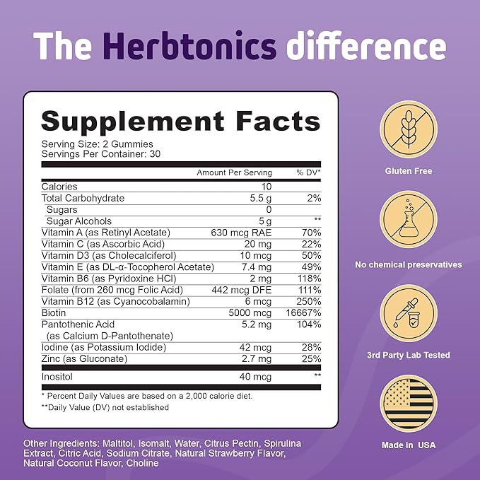 Herbtonics Foli Biotin Gummies with Hair Vitamins | Hair Growth Supplement for Women & Men | Hair, Skin and Nails Vitamins Sugarfree Gummies for Women | 60 Count