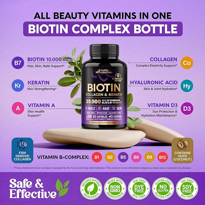 Biotin | Collagen | Keratin - Clinically Tested Supplement - Hair Growth Support, Skin & Nails - 25000 mcg Vitamins B2, B3, B6 & B7 + B1 & Hyaluronic Acid - Made in USA - Women & Men | 60 Capsules
