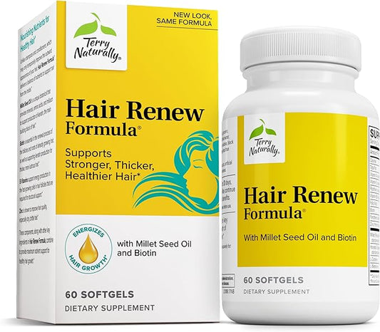 Terry Naturally Hair Renew Formula - Hair Growth Support Supplement with Horsetail Biotin & Folic Acid - Millet Seed Oil for Keratin Production Support - 60 Softgels