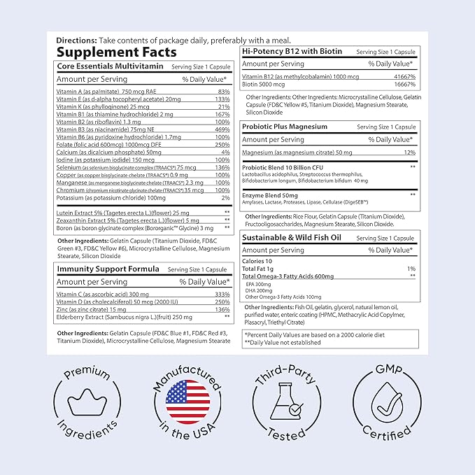 Planet 3 Vitamin Packs with Core Supplements | Heart, Eye and Immune Support with Elderberry Vitamin C and Zinc, Multivitamin, Omega 3, Vitamin D, Biotin, B12, Lutein, Daily Vitamins for Men and Women