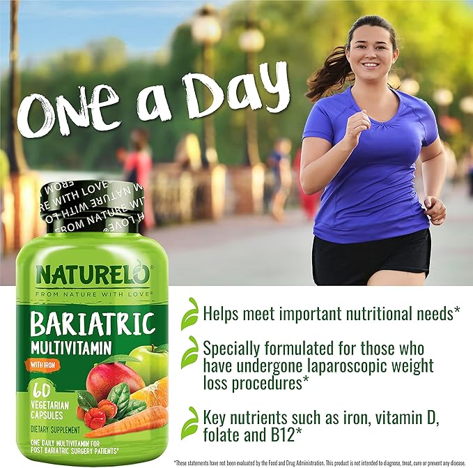 NATURELO Bariatric Multivitamin - One Daily with Iron - Supplement for Post Gastric Bypass Surgery Patients - Natural Whole Food Nutrition - 60 Veggie Capsules