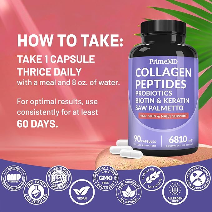 27-in-1 Hair Skin and Nails Vitamins (6810mg) with Biotin 10000mcg - Collagen Supplements for Men and Women - Keratin Supplements with Probiotics and Saw Palmetto, 90ct