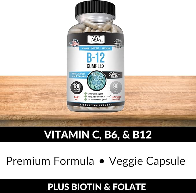 Kaya Naturals B-12 Complex | Multivitamin Supplement for Women & Men | Energy and Metabolism Booster | Vitamin Supplement with Biotin, Choline, Inositol, Folate, and Vitamin C – 180 Count