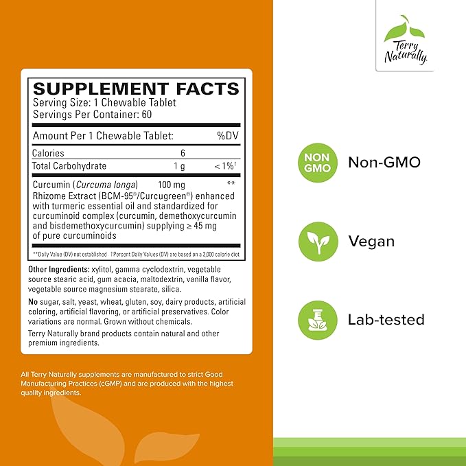 Terry Naturally CuraMed 100 mg Curcumin Complex - Enhanced Absorption Curcumin Supplement with Turmeric - Brain & Liver Health Support Supplement - Vegan Dietary Supplement - 60 Chewable Tablets