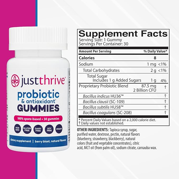 Just Thrive Probiotic Gummies - Kids, Men, and Womens Probiotic - for Digestive and Overall Health, 30 Count