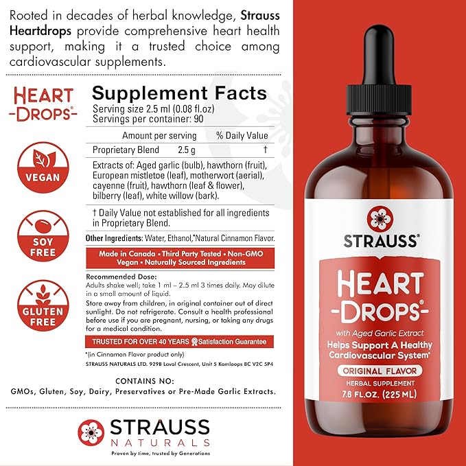 Strauss Naturals Heart Drops – Natural Mistletoe & Aged Garlic Extract Heart Health Supplement – Helps Maintain Healthy Cardiovascular System – Vegan & Non-GMO – 225 ml Bottle