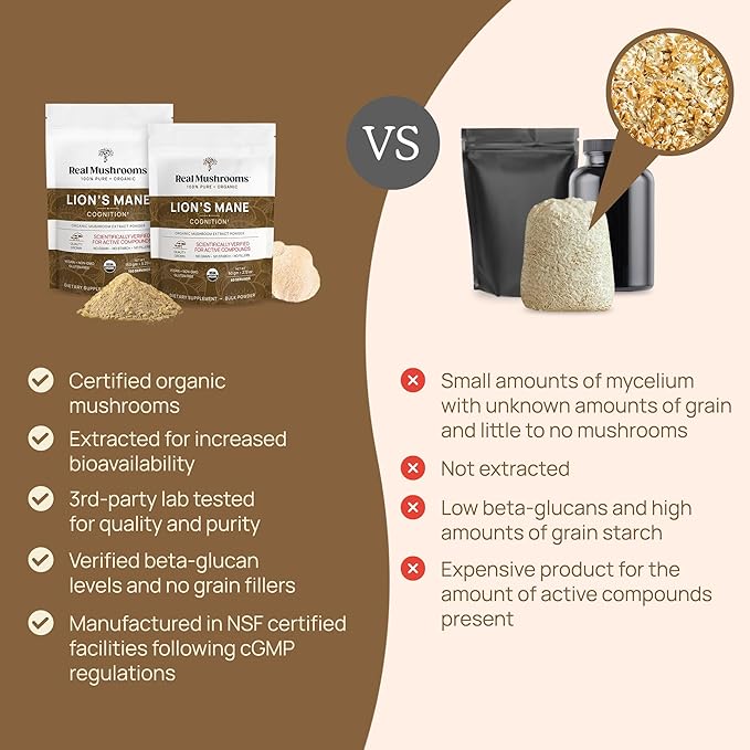 Real Mushrooms Lions Mane Powder - Organic Mushroom Extract for Cognitive Function Immune Support Brain Supplements Memory and Focus Vegan Supplement, 150 Servings