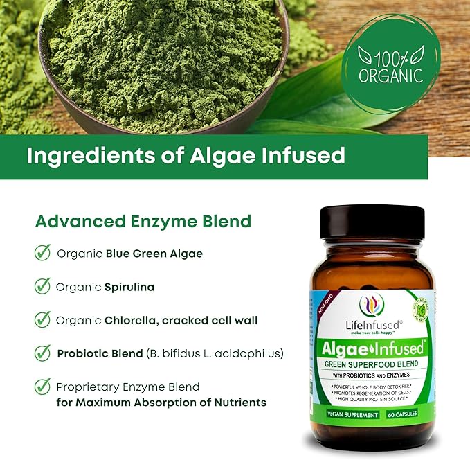 Life Infused Algae Infused - Premium Green Superfood Blend, Spirulina, Chlorella, Probiotics & Enzyme for More Energy, Digestion, Detox & Immune Support: 60 Caps