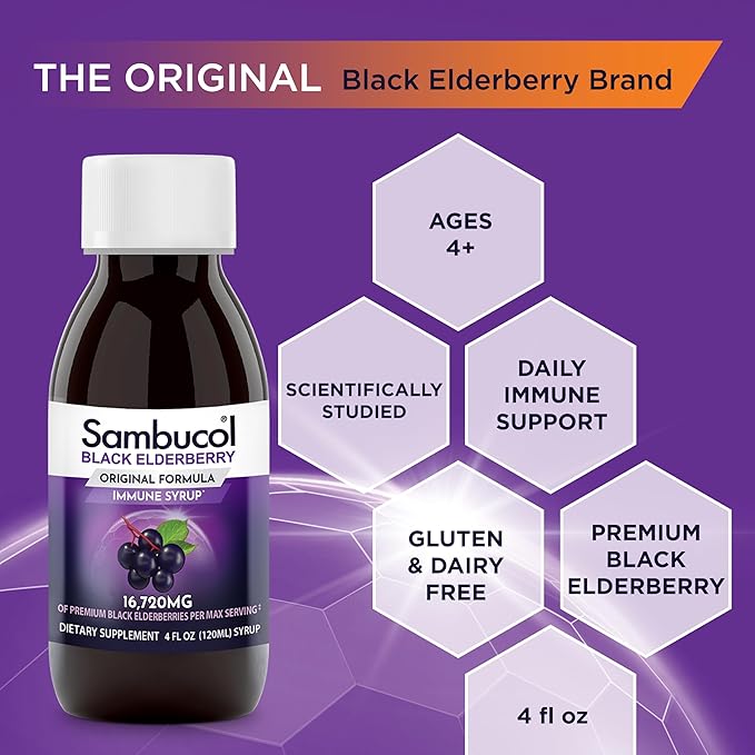 Sambucol Black Elderberry Syrup - Sambucus Elderberry Syrup, Black Elderberry Liquid, Immune Support, Elderberry Syrup for Kids and Adults, High Antioxidants, Gluten Free - Original Formula, 4 Fl Oz