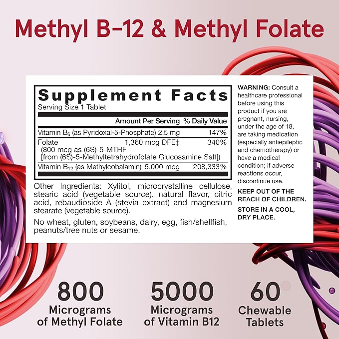 Jarrow Formulas Ultra Strength Methyl B-12 5000 mcg & Methyl Folate 800 mcg + P-5-P, Dietary Supplement for Cellular Energy Metabolism and Cardiovascular Support, 60 Chewable Tablets, 60 Day Supply