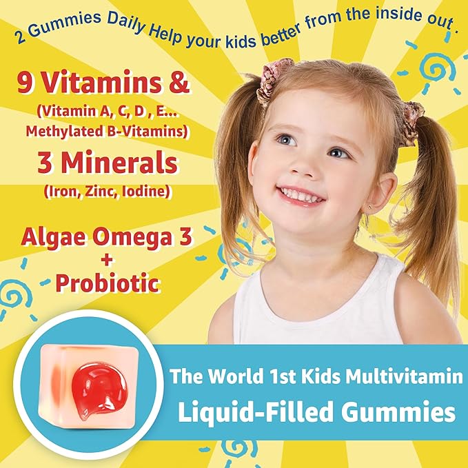 Sugar Free Kids Multivitamin Gummies with Iron, Probiotics, Vegan Omega 3 (EPA/DHA), Kids Daily Vitamins A, C, D, B Complex, Zinc for Healthy Growth, Immune, Brain, Bone, Orange Flavor, 120 Counts