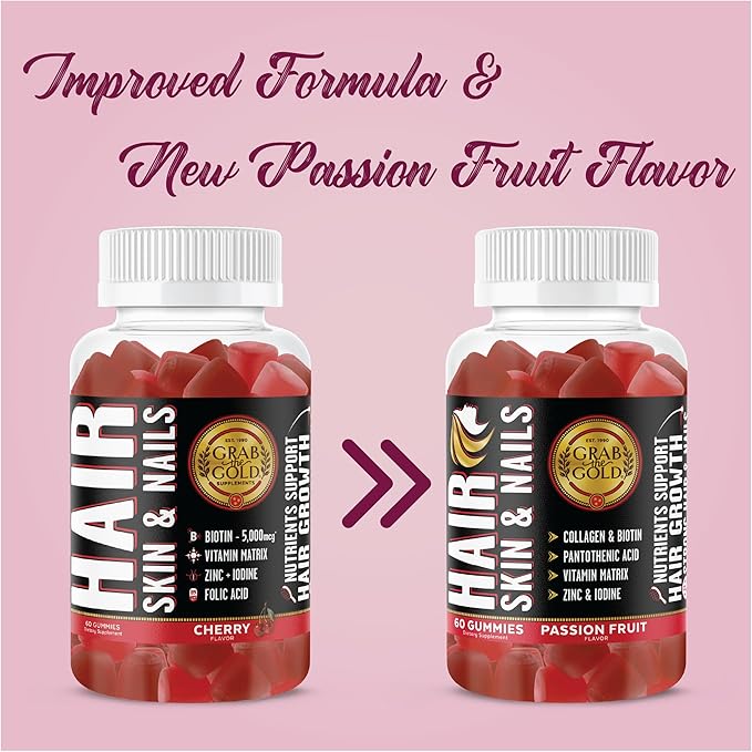 Grab The Gold Hair Skin & Nails Gummies Vitamins with 6000mcg Biotin + Collagen + 10 Vitamins & Minerals, Gluten-Free, Passion Fruit Flavor (1 Bottle = 1 Month Supply)