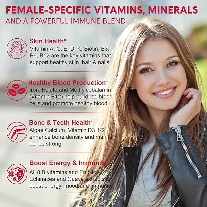 Sugar Free Methylated Multivitamin for Women Gummies, Calcium, D3 K2, Inositol, Folate, Vitamin A, C, E, B Complex, Biotin, Iron - Vitamins & Minerals - Energy, Immune, Bone, Skin, Hair, Vegan, 60 Cts