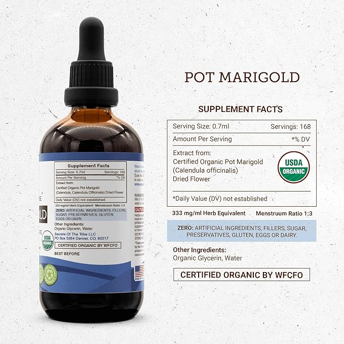 Secrets of the Tribe Pot Marigold USDA Organic | Alcohol-Free Extract, High-Potency Herbal Drops | Made from 100% Certified Organic Pot Marigold (Calendula, Calendula Officinalis) Dried Flower (4 oz)