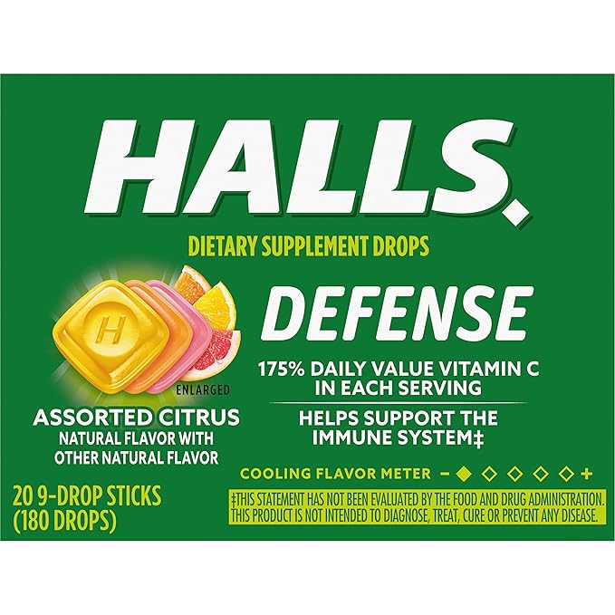 HALLS Defense Assorted Citrus Vitamin C Drops, 20 Sticks of 9 Drops (180 Total Drops)