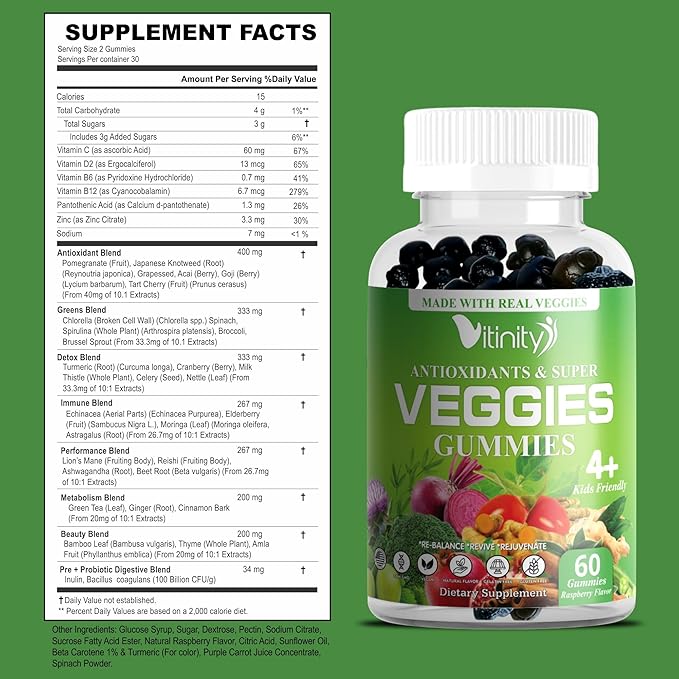 Veggies Supplement-Made with Real Super Veggies Delicious Gummies(120 Chews),30 Veggies,Herbs,Fruit and Vegetable Supplement,Non-GMO,Pectin-Based,Gluten-Free,No More Pills (60 Day)