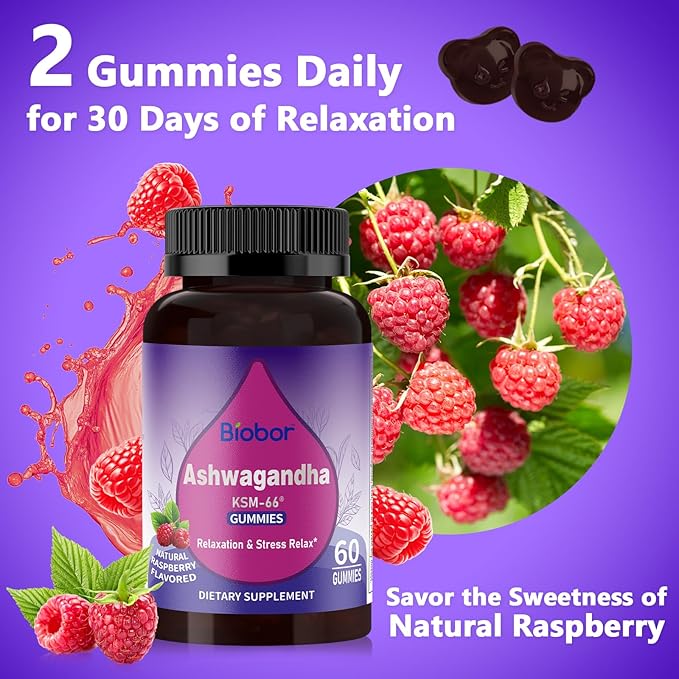 Ashwagandha Gummies, KSM-66 Ashwagandha Root Extract with Vitamin D3, Stress Support Immune Support for Adults - GMO Free, Gluten Free (Raspberry, 60 Count)