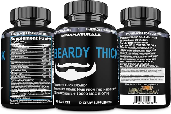 BEARDY Thick Beard Growth Vitamins for Men, B7 Biotin 10000 mcg, Keratin, Collagen, Silica, and 36 More. Grow Beard Thicker, Stronger. Facial Hair Growth Treatment. 60 Tablets