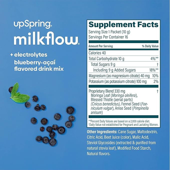 UpSpring Milkflow Electrolyte Breastfeeding Supplement Drink Mix Fenugreek-Free, Moringa & Blueberry Acai Flavor, Lactation Supplement to Support Breast Milk Supply and Restore Electrolytes, 16 Mixes