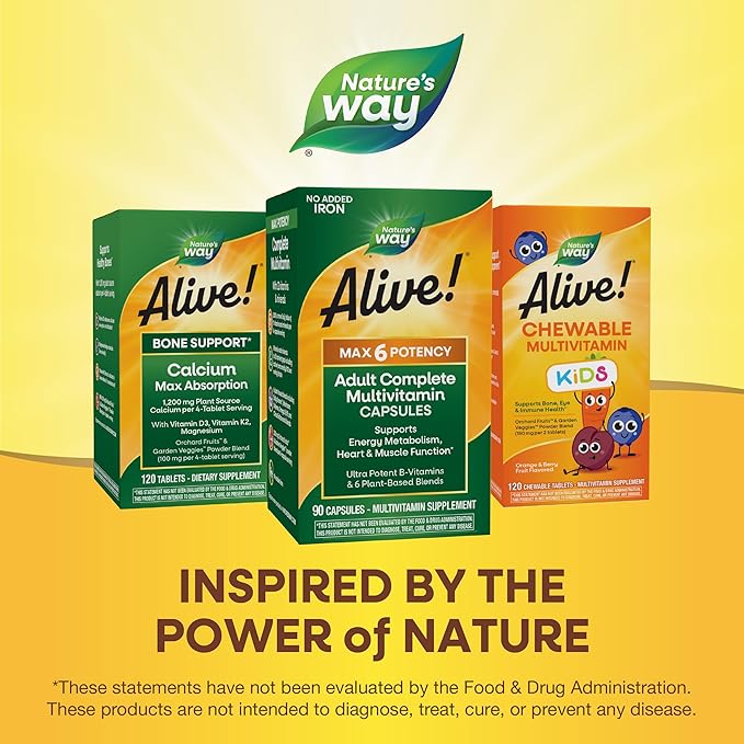 Nature's Way Alive! Max6 Potency Adult Complete Multivitamin, Vitamins A,C, E & B-Vitamins Including Methyl B12 & Folate, Supports Energy Metabolism*, No Added Iron, 90 Capsules (Packaging May Vary)