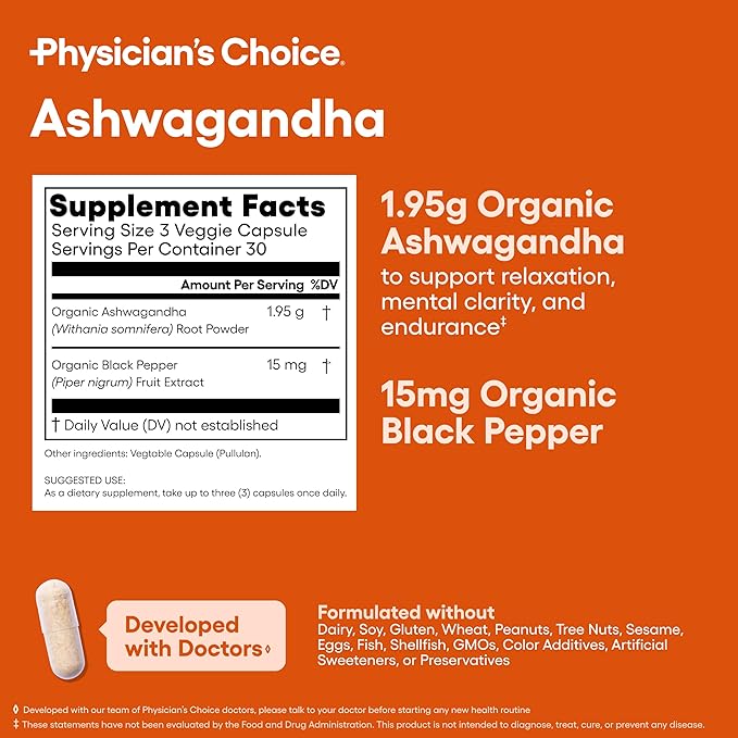 Physician's CHOICE Ashwagandha 1950mg Organic Ashwagandha Root Powder with Black Pepper Extract, Stress Support, Mood Support Supplement, 90 Veggie Ashwagandha Capsules - 2 PCK