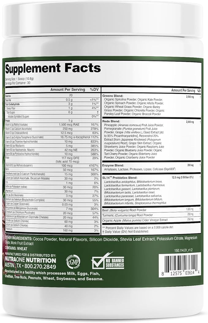 Complete Superfoods, Greens & Reds Blend*, Apple Cider Vinegar, Digestive Enzyme Blend*, Probiotic Blend*, Multivitamin* (Chocolate - 30 Servings)