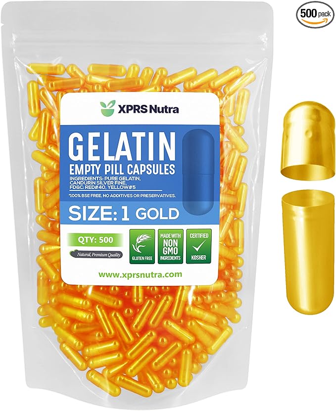 XPRS Nutra Size 1 Empty Capsules - 500 Count Empty Gelatin Capsules - Empty Pill Capsules - DIY Capsule Filling - Pure Bovine Pill Capsules Empty Gel Caps (Gold)