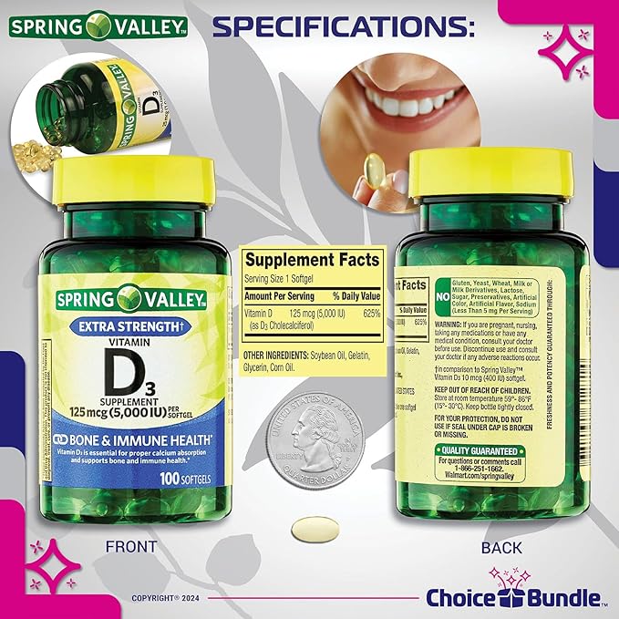 Spring Valley Vitamin D3 Softgels 125 mcg per Soft Gel 5,000 IU 100 Ct 4 pk (400 Total) + Vitamin Guide & Pill Container (6 Items)!