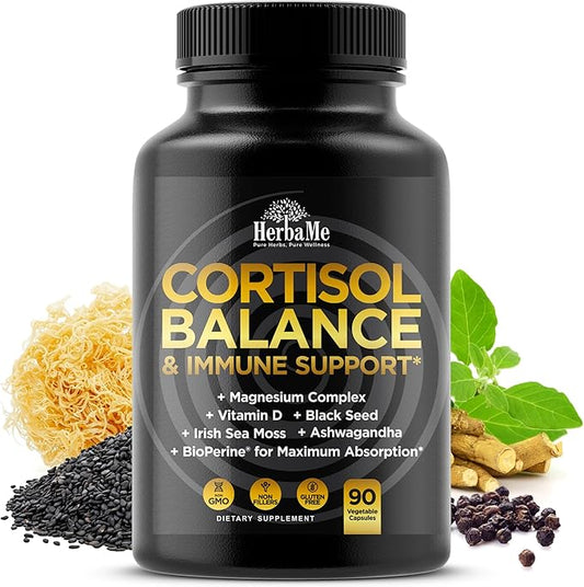 Cortisol Balance and Immune Support Supplement with Ashwagandha, Irish Sea Moss, Black Seed, Vitamin D and Magnesium Complex | Mood Enhancer | Immunity Booster | Stress Relief Pills | 90 Capsules