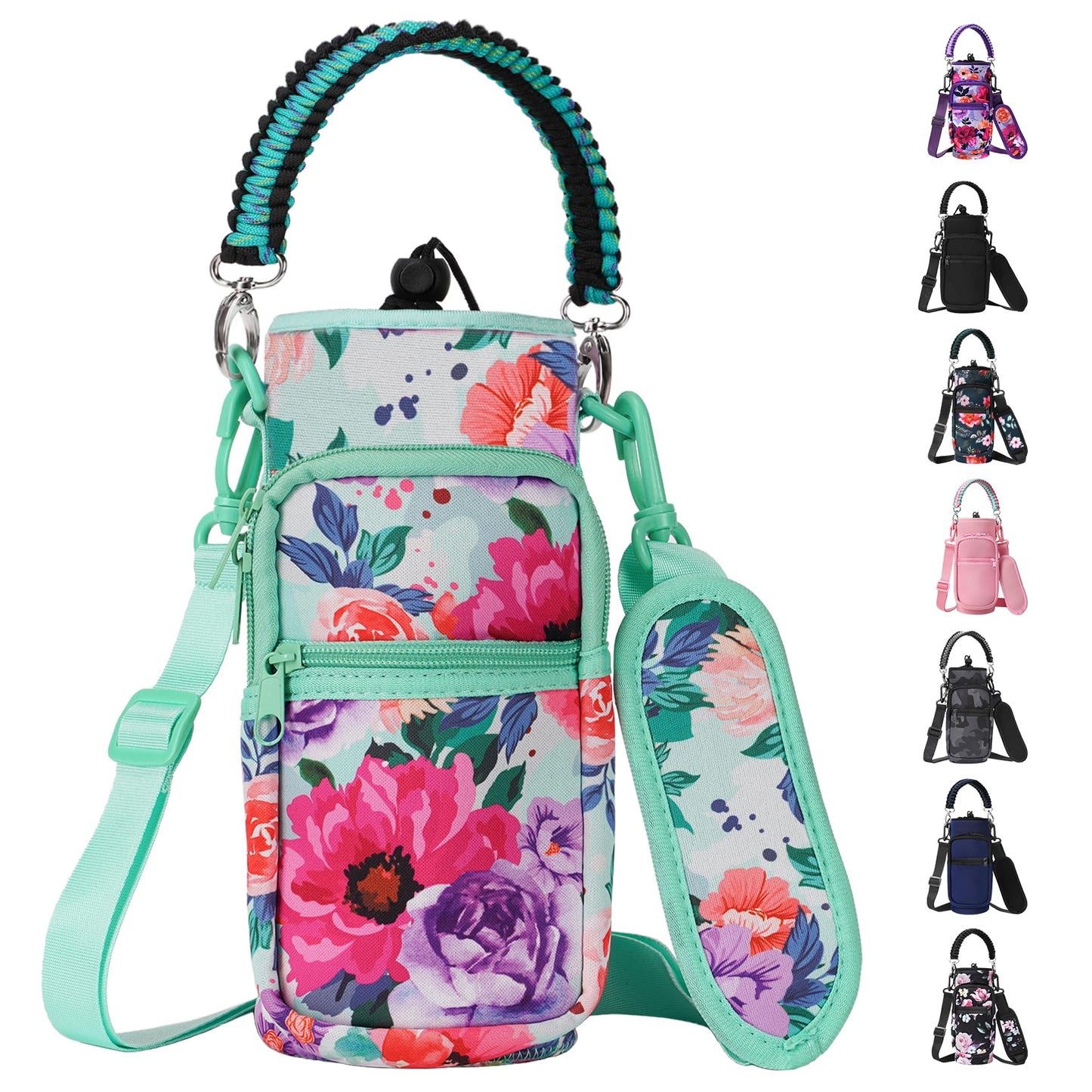 AceTreker Water Bottle Holder with Strap 32oz 40oz Insulated Water Bottle Sleeve with Phone Pocket Sport Water Flask Carrier Sling Bag with Paracord Handle for Gym Walking Hiking