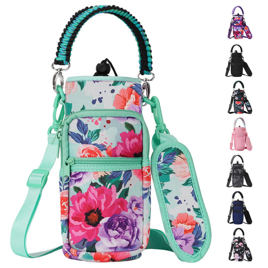 AceTreker Water Bottle Holder with Strap 32oz 40oz Insulated Water Bottle Sleeve with Phone Pocket Sport Water Flask Carrier Sling Bag with Paracord Handle for Gym Walking Hiking