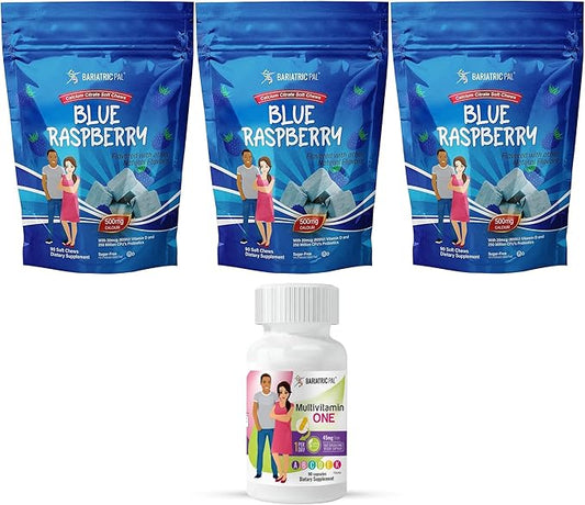 BariatricPal 90-Day Bariatric Vitamin Bundle (Multivitamin ONE 1 per Day! Capsule with 45mg Iron and Calcium Citrate Soft Chews 500mg with Probiotics - Blue Raspberry)