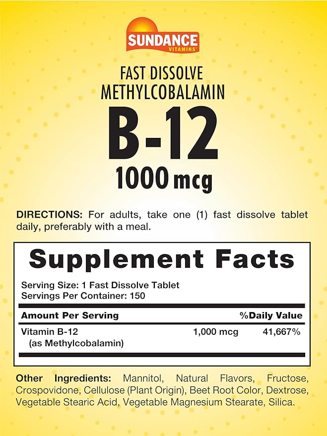Sundance B-12 Methylcobalamin 1,000 mcg | 150 Fast Dissolve Tablets | Natural Berry Flavor | Vegetarian, Non-GMO, and Gluten Free Essential Vitamin Supplement