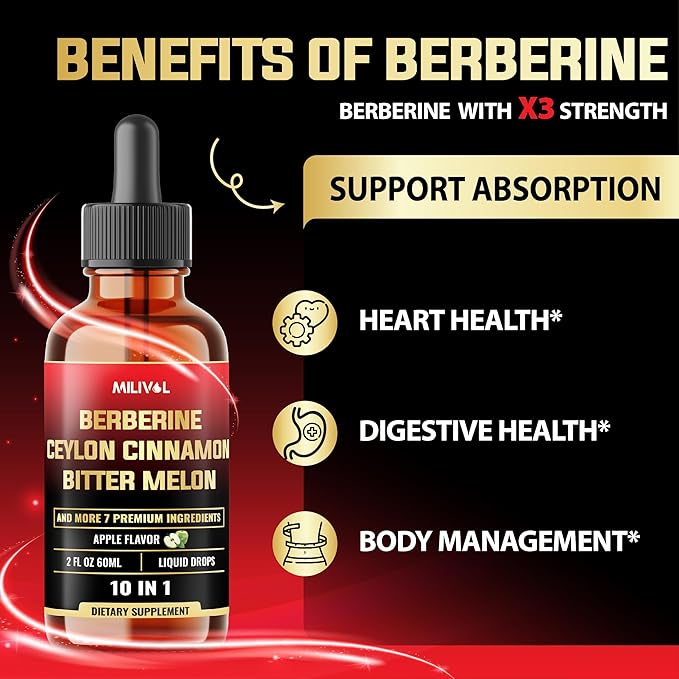 10in1 Liquid Drops Berberine with Ceylon Cinnamon Bitter Melon Turmeric Ginger Gymnema Sylvestre and More - 2 Fl Oz