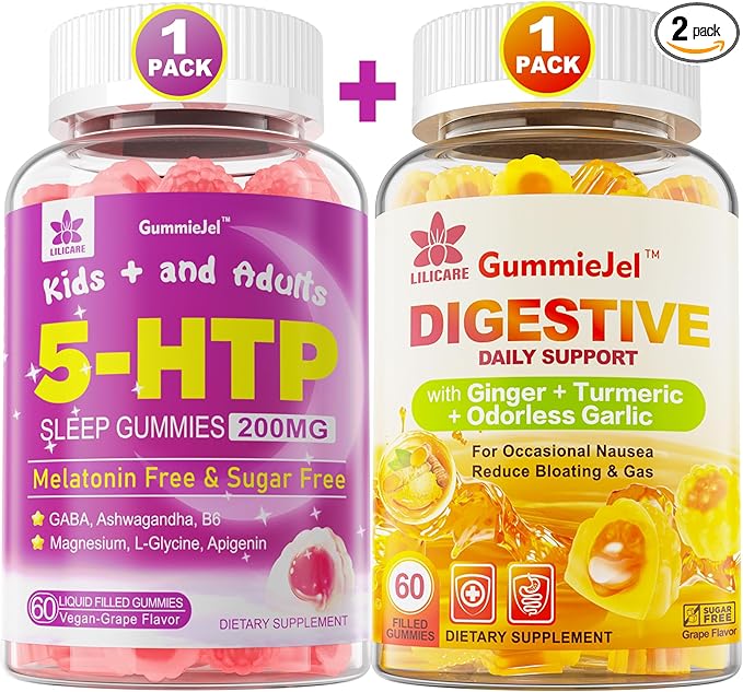Ginger Chews Supplement Gummies for Nausea, Stomach Relief & 5HTP Gummies for Adults & Kids 8+ with GABA + Magnesium Glycinate