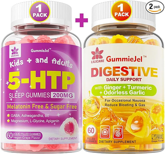 Ginger Chews Supplement Gummies for Nausea, Stomach Relief & 5HTP Gummies for Adults & Kids 8+ with GABA + Magnesium Glycinate