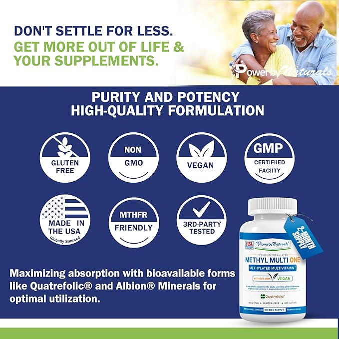 Power By Naturals Methyl Multi One – Iron-Free Methylated Multivitamin for Men & Women with B12 Methylcobalamin, P5P, Folate (5-MTHF), CoQ10 & Zinc for Energy & MTHFR Support, 60 Capsules (2-PK)